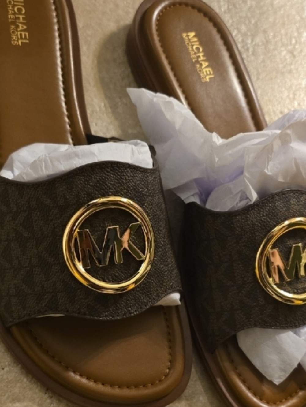 Beautiful! Michael Kors Brown Slide Sandals with Gold Logo